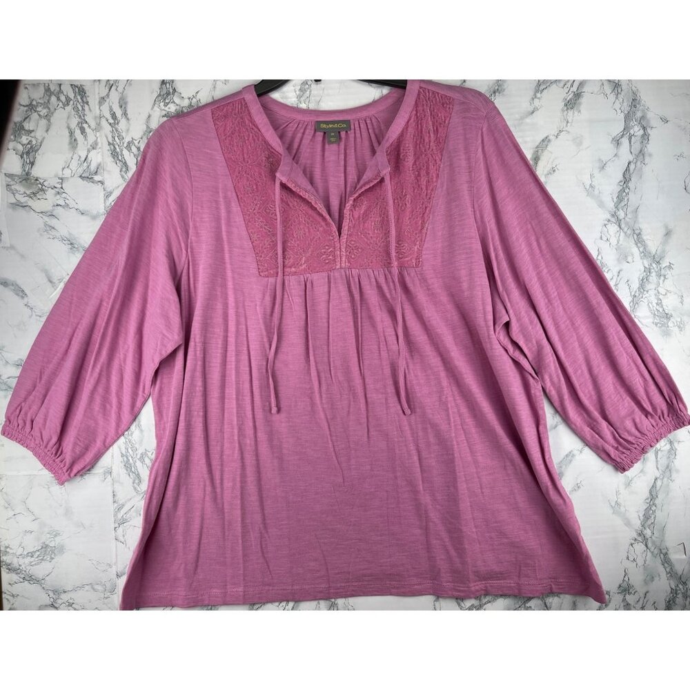 Style & Co. Womens Plus Size 2X Top Pink Rain  3/4 Sleeve w Lace Accents